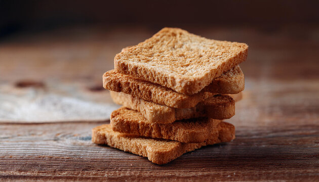 Square bread rusks pile, whole wheat toast slices on wooden table. Tasty food.