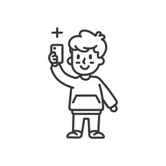 Fototapeta premium little boy taking selfie photo on smartphone minimalist line art icon logo symbol