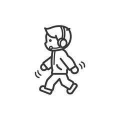 Obraz premium little boy walking listening to headset minimalist line art icon logo symbol