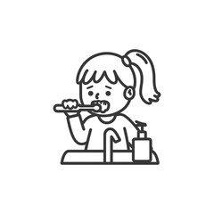 Fototapeta premium little girl brushing his teeth minimalist line art icon logo symbol
