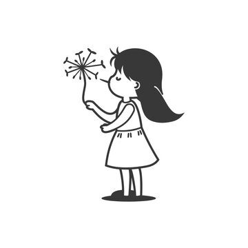 recommend clip art: little girl blows dandelion flower minimalist line art icon logo symbol