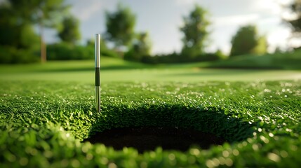 A golf green with a perfectly cut hole and a flagstick in place.