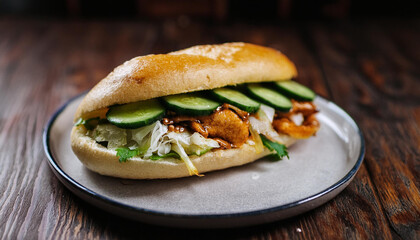 Banh Mi sandwich with shredded chicken, cucumber and chili sauce. Vietnamese cuisine. Tasty food.