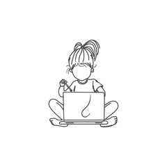 little girl playing on laptop minimalist line art icon logo symbol