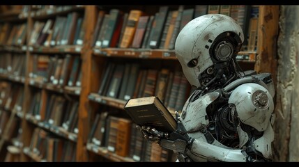 Robot Reading in Antique Library - A futuristic robot engrossed in reading a book in an antique library, blending technology with classic literature.
