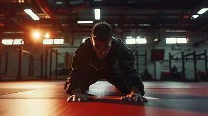 A jiu-jitsu athlete practicing movement drills on the mat.