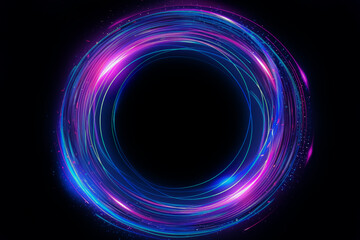 Airy digital neon blue, purple and pink tech circle on dark background. Science, futuristic digital technologies concept.