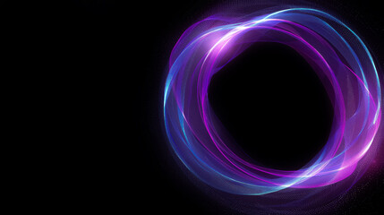 Airy digital neon blue and purple tech circle on black background, blank space. Science, futuristic digital technologies concept.
