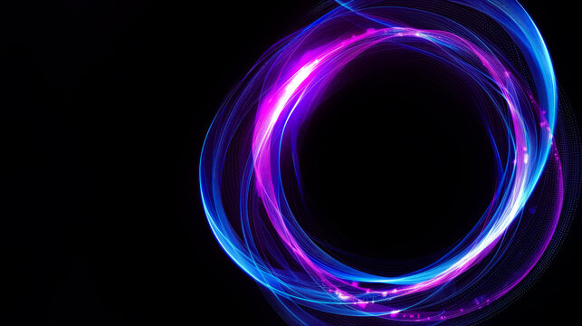 Airy digital neon blue and purple tech circle on black background, copy space. Science, futuristic digital technologies concept.