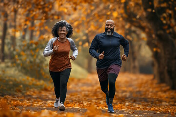 Elderly african american couple jogging in an fall park. Concept for active ageing, fitness, and outdoor activity, ideal for senior fitness campaigns and autumn-themed health promotions