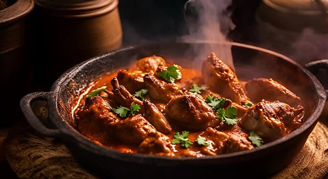 Desi chicken karahi and naan with smoke, sizzling in a rustic clay pot