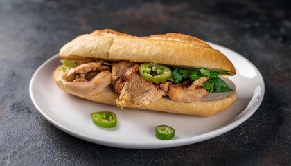 Banh Mi sandwich with roasted pork, pate and fresh jalapenos. Vietnamese cuisine. Tasty food.