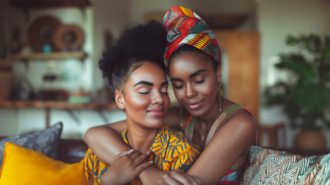 Two sisters embracing and caring for one another, sisterly and family love, copy space