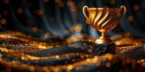 Elegant Trophy on Luxurious Fabric with copy space