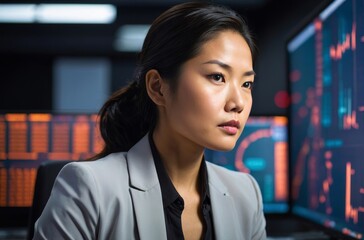 Obraz premium Young businesswoman in blazer looking concentrated at computer screen with charts and graphs displayed