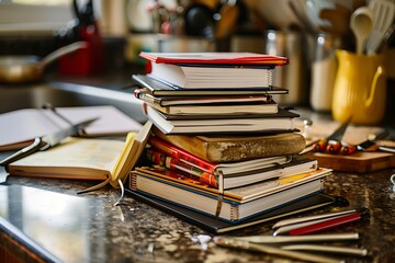 Obraz premium A stack of cookbooks and recipe notebooks, with cooking utensils scattered around on a kitchen counter.