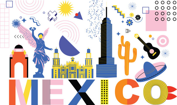 Typography word "Mexico City" branding technology concept. Collection of flat vector web icons, culture travel set, famous architectures and specialties detailed silhouette. Mexican famous landmark.