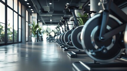 A row of indoor bikes lined up in a sleek, minimalist gym setting, ready for a class.