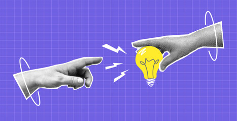 Collage with halftone hands and light bulb. Creative idea generation or brainstorm concept vector pop art retro style illustration. design element for infographic, poster, website