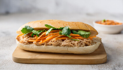 Traditional Banh Mi sandwich with pate, pickled carrots and cilantro. Vietnamese cuisine. Tasty food