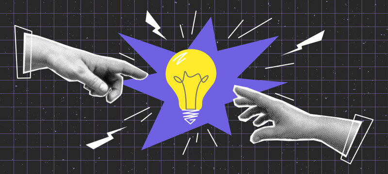 Collage with halftone hands and light bulb. Creative idea generation or brainstorm concept vector pop art retro style illustration. design element for infographic, poster, website
