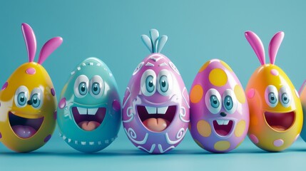 Whimsical and vibrant Easter egg faces with blank space for your Easter wishes, rendered in 3D. 