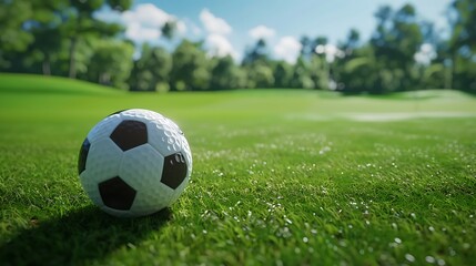 A soccer ball on a green golf course.