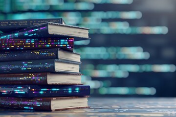 A stack of cybersecurity manuals and coding notebooks, addressing digital security challenges and programming solutions.