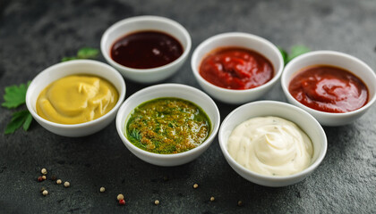 Flavorful sauces in white porcelain bowls on dark stone background. Homemade sauces for food.