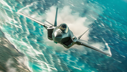 Fototapeta premium Warplane in Action Over the Sea, Aerial Dominance, Combat Aircra
