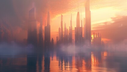 A futuristic city skyline with skyscrapers, water and sky in the background.