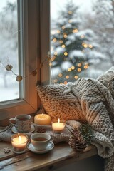 Cozy Winter Window Scene With Candles, Flowers, and Tea