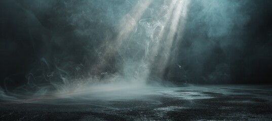 A Single Light Beam Pierces Through Dense Fog Over an Empty Road at Night