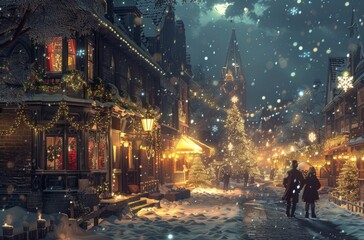Family Walking Through Snowy Christmas Market Street at Night