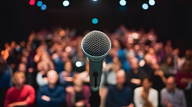A single microphone at live performance surrounded by an engaged audience, comedy, music and theater.
