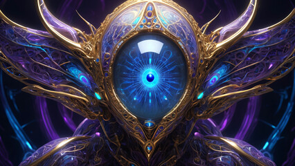 A purple and blue Ai Crystalline Being with one eye. AI generative.