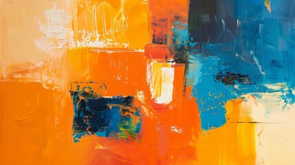 Abstract oil painting in bold hues of orange, gold, and blue. 