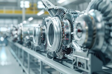 Fototapeta premium Aerospace Manufacturing Equipment - Detailed View of Turbine Engines for Industrial Design