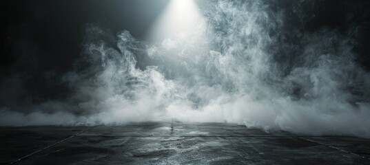 Fototapeta premium A Single Light Beam Pierces Through Dense Fog Over an Empty Road at Night