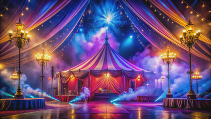 Vibrant spotlights illuminate a darkened circus tent as mystical smoke swirls around ornate props, lavish fabrics, and gleaming magic wands, hinting at a mesmerizing performance.