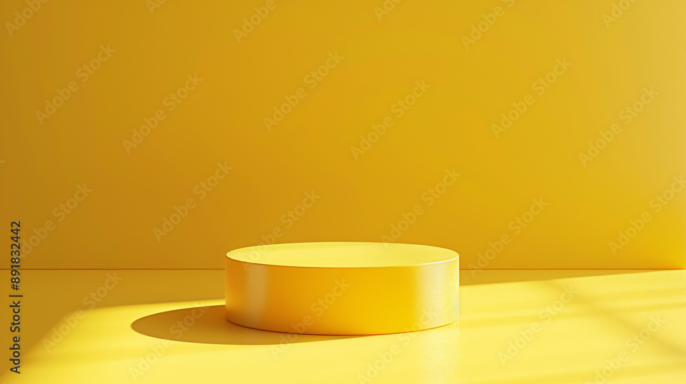Poster an empty room interior design with a yellow pedestal display on a vivid background, featuring a blan