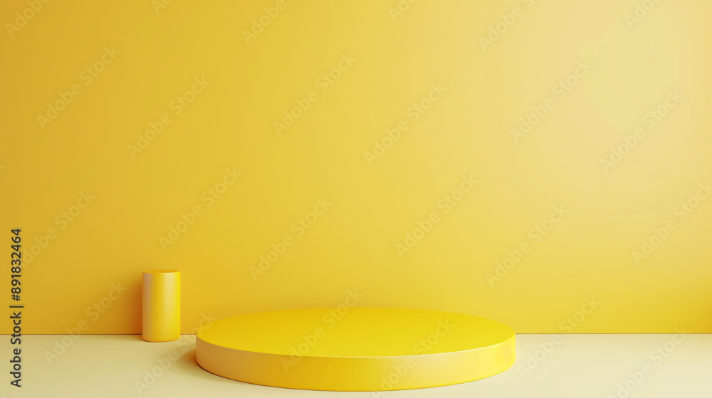 Poster an empty room interior design with a yellow pedestal display on a vivid background, featuring a blan
