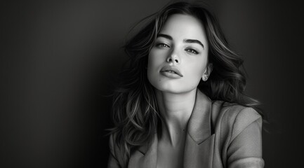 Naklejka premium Black And White Portrait Of A Woman With Long Blonde Hair Wearing A Blazer And Looking Directly At The Camera