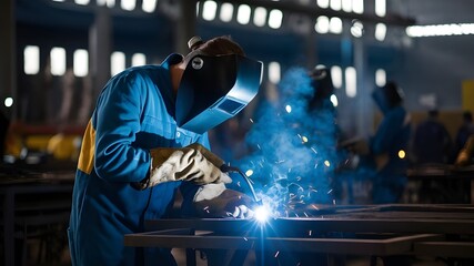 Obraz premium Skilled workers in a bustling manufacturing plant, performing their welding tasks and wearing their protective equipment, including sturdy helmets and gloves.