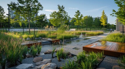 Fototapeta premium Modern Urban Park with Stream and Greenery