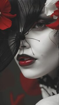 Elegant portrait of a woman featuring red lips, a black veil, and red flowers. The high-contrast black and white composition with red accents adds a touch of sophistication and mystery, vertical video