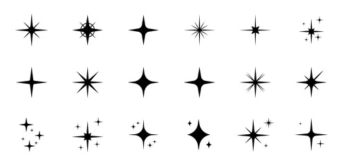 Shine or sparkle vector set of eighteen different stars in black color on white background. Sparkle star icons. Shine icon. Stars sparkle doodles vector.