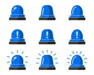 Emergency siren flashlight set for police, ambulance and alarms with exclamation hazard warning symbol in blue color. Emergency police siren. Ambulance light vector set.