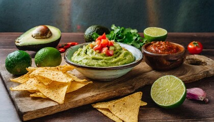 A delicious Bowl of Guacamole next to fresh ingredients on a table with tortilla chips and salsa. Guacamole and chips on a wood cutting board vertical shot restaurant style serving with avocados
