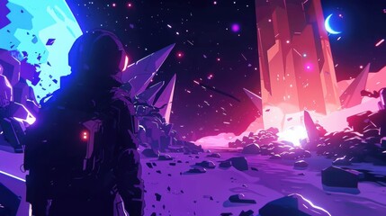 Astronaut Neon Landscape Futuristic Sci Fi Illustration
